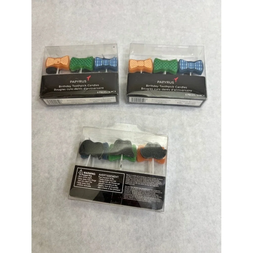 Papyrus Birthday Toothpick Candles Bow Tie Mustache Lot of 3 Packs 18 Total
